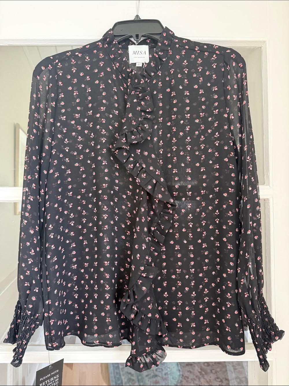 NWT MISA Los Angeles Black Ditsy Floral Ruffle Front Blouse – Size XS